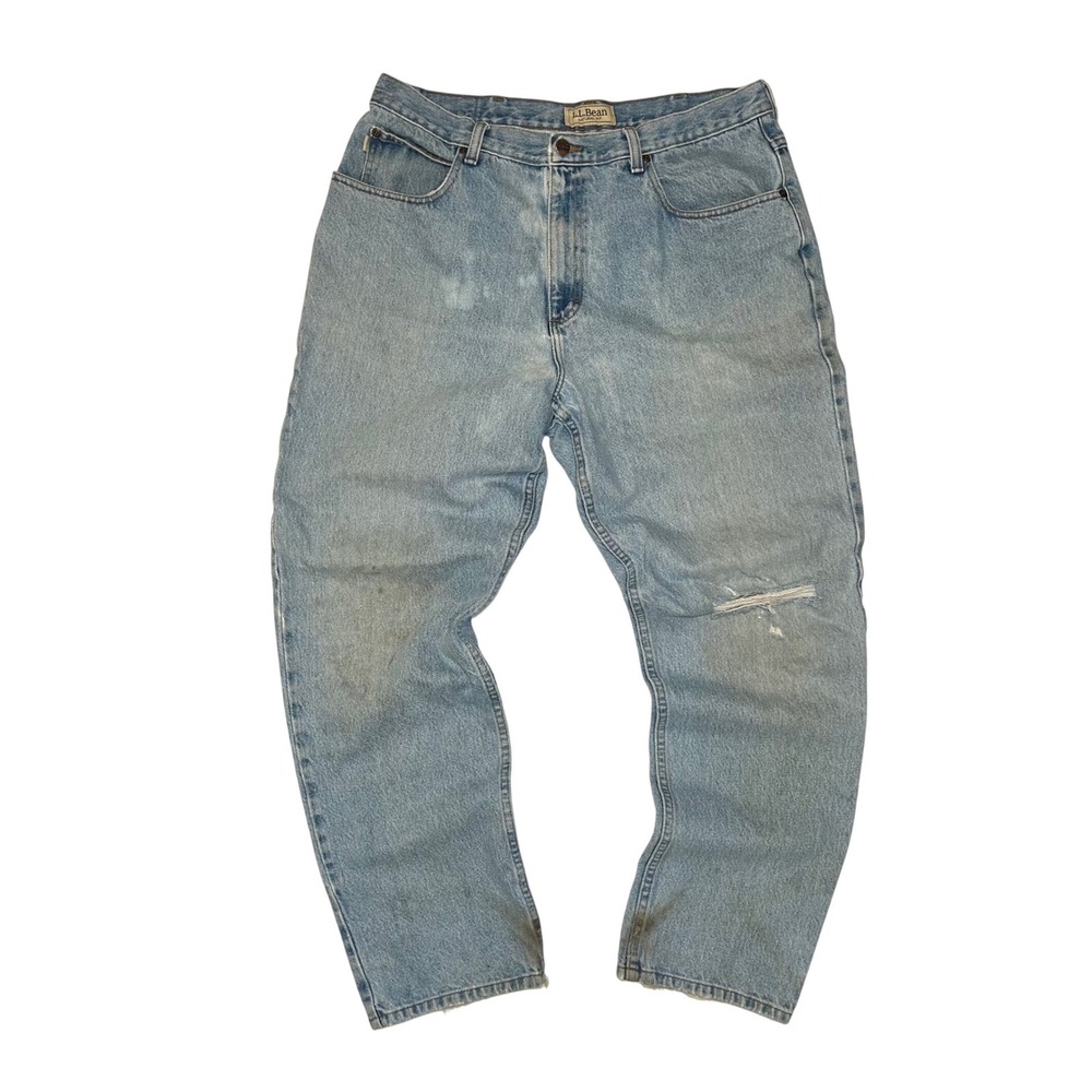 LLBean Natural Fit Mens Light Wash Denim‎ Jeans 36x32 Distressed Knee Ripped Hem